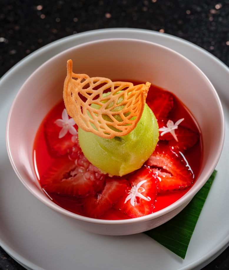 strawberry consomme with a sorbet